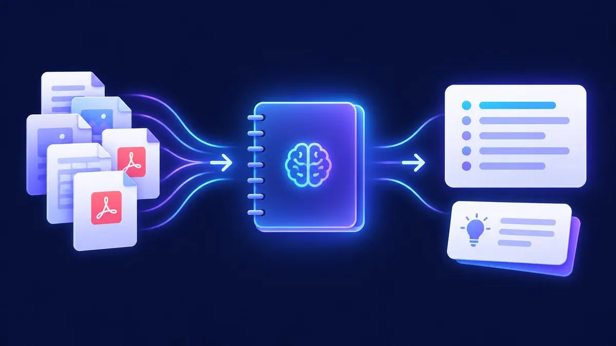תרשים: מסמכים וקובצי PDF נכנסים ל Gemini Notebook והופכים לסיכום ולכרטיסי לימוד